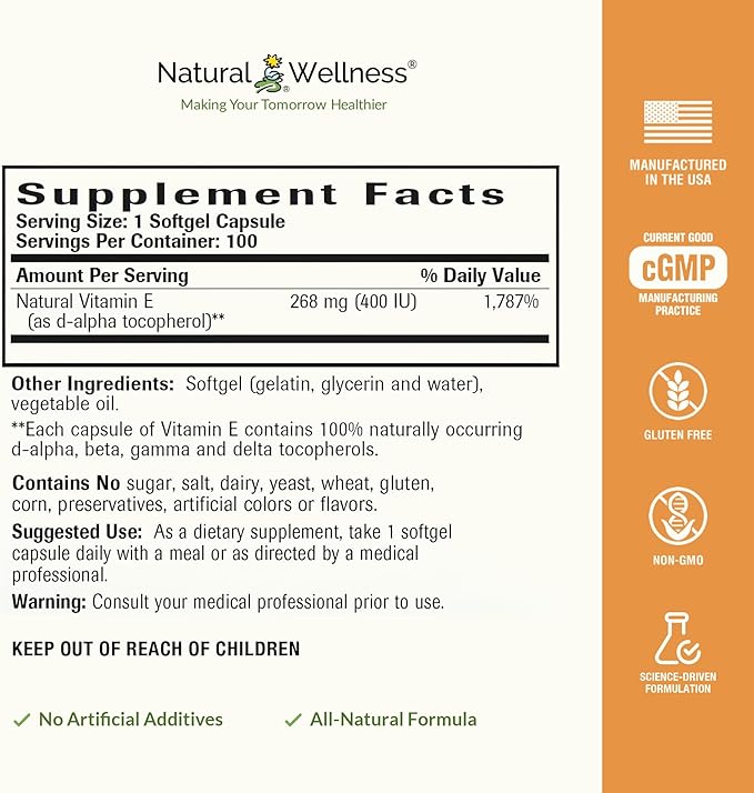 Natural Wellness Vitamin E 400 IU – Mixed Tocopherols Softgels for Antioxidant Support, Heart & Immune Health – Non-GMO Vitamin E Capsules for Skin & Wellness – 100 Count