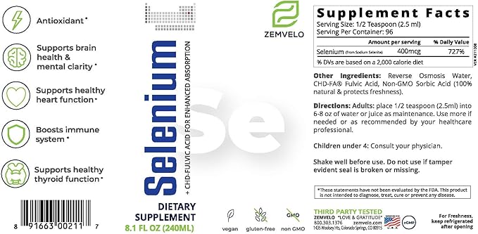 ZEMVELO Liquid Ionic Selenium Supplement - Adult Healthy Aging Supplement - Supports Immune System & Antioxidant Defense for Longevity and Wellness - 3 Month Supply