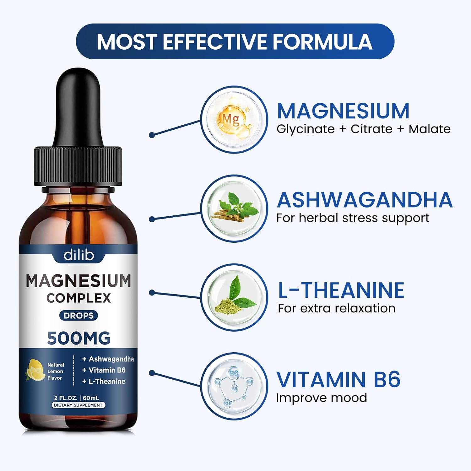 Magnesium Glycinate Liquid Drops, Triple Magnesium Complex Supplement with Citrate, Malate 500mg Ashwagandha, L-Theanine, Vitamin B6 for Sleep, Calm, Stress Relief, Bone, Muscle, Mood - Lemon Flavor