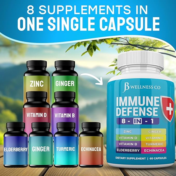 Immune Support 8 in 1 Capsules - Zinc Supplement, Vitamin D3, Vitamin C and Elderberry - Immune Booster with Echinacea, Ginger Root, and Turmeric - [2-Pack]