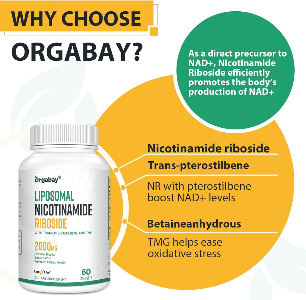 Orgabay Liposomal Nicotinamide Riboside 2000 MG with TMG and Pterostilbene, Boosting NAD+, Support Healthy Aging, 180 Count