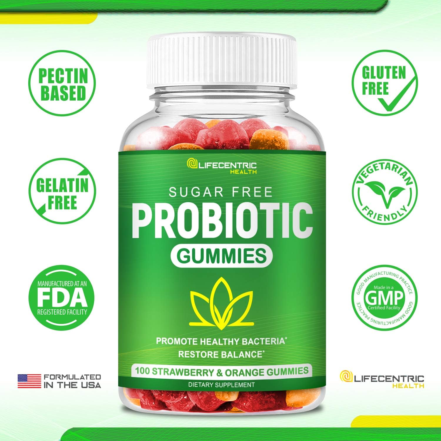 Probiotic Gummies for Adults and Kids Max Strength 5 Billion CFU | Organic Sugar Free Gummies for Digestive Health | 100 Count Vegan Gluten Free Chewable Probiotics Gummies for Men Women and Children