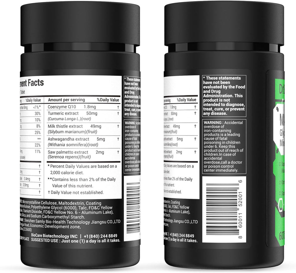 Energy Boost & Magnesium Glycinate, Contains Vitamin D3, Vitamin C, Turmeric, Ashwagandha, Milk Thistle, Calcium & Magnesium Supplement 120 Tablets