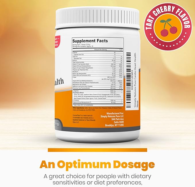 Simply Natures Pure - Cardio Heart Health Nitric Oxide Booster Support Supplement Powder with L-Arginine 5000 mg, L-Citrulline 1000 mg and Hawthorne Berry, 16.82 Ounces - Tart Cherry Flavor