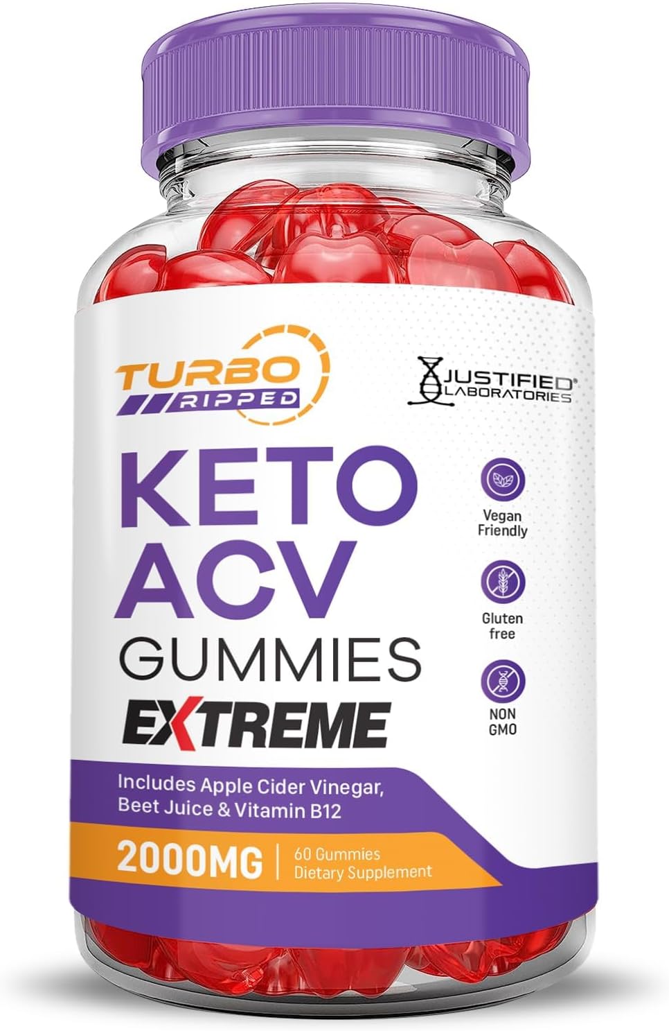 Justified Laboratories Turbo Ripped Keto ACV Gummies Extreme 2000MG Turbo Ripped Keto Gummies Apple Cider Vinegar Formulated with Pomegranate Beet Juice Powder B12 Vegan Non GMO 60 Gummys