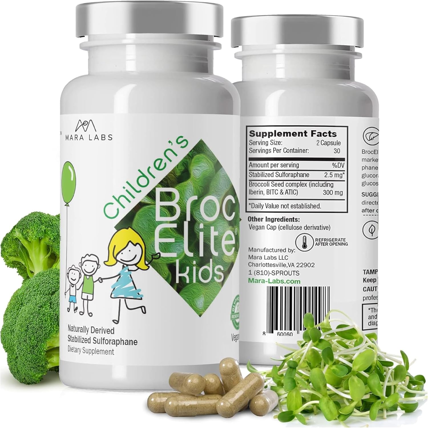 Mara Labs Kids | Broccoli Supplement w/Naturally Stabilized Sulforaphane Extract for Children | No Glyphosate Residue | 60 Vegan Capsules