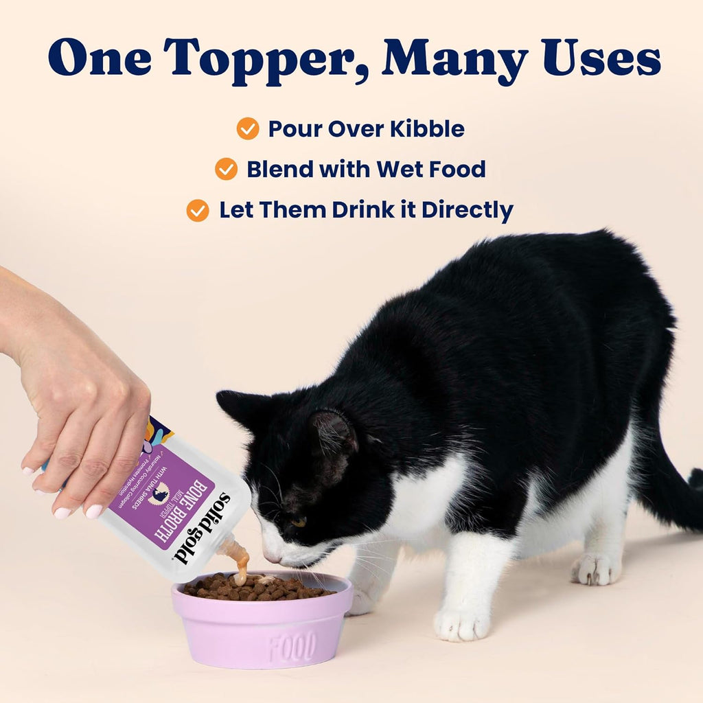 Solid Gold Bone Broth Cat Food Topper - Limited Ingredient Lickable Cat Broth Pouches w/Tuna Protein Shreds & Collagen for Hydration & Gut Support - Easy to Serve Gravy for Cats Meal Topper - 12ct