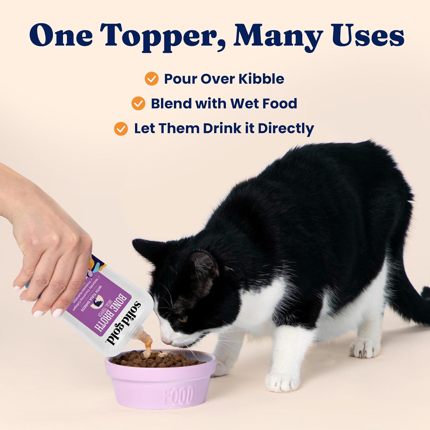 Solid Gold Bone Broth Cat Food Topper - Limited Ingredient Lickable Cat Broth Pouches w/Tuna Protein Shreds & Collagen for Hydration & Gut Support - Easy to Serve Gravy for Cats Meal Topper - 12ct