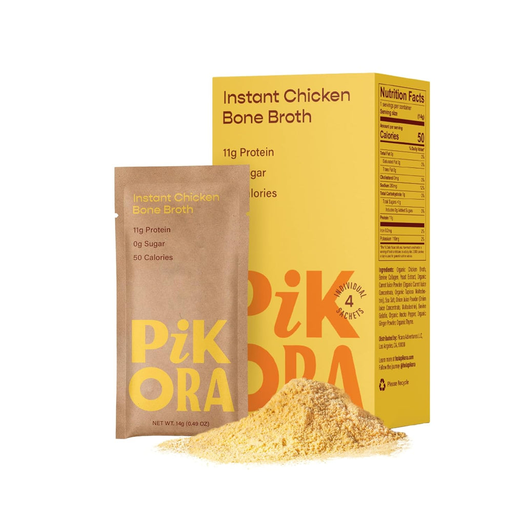 Pikora Chicken Bone Broth Instant Powdered Mix (1 Pack, 4 Servings) | High-Protein, Low-Sodium, Gluten-Free, Collagen-Rich, No Sugar, Keto & Paleo Friendly | 11g Protein, 50 Calories per Serving