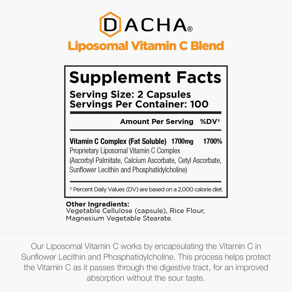 DACHA Natural Liposomal Vitamin C - 1700mg, 200 Capsules, Immune System & Collagen Booster, High Absorption Fat Soluble VIT C, Buffered, Skin Vitamins, Vegeterian, Vegan