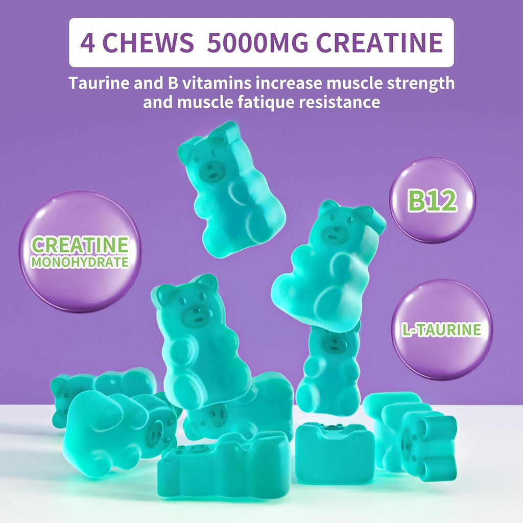 novomins Creatine Monohydrate Gummies 5000mg for Men & Women, Chewables Creatine Monohydrate for Muscle Strength, Muscle Builder, Energy Boost, Pre-Workout Supplement(90 Count)-Blueberry Flavor.