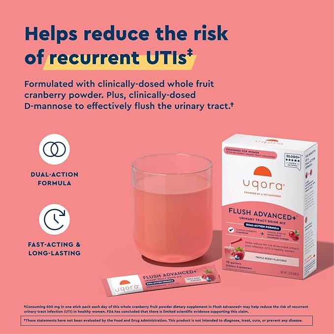 Uqora Flush Advanced+ - Helps Reduce Risk of Recurrent UTI** - with Cranberry, D-Mannose, Vitamin C, Vitamin B6 & Potassium - Gluten-Free & Vegan - Triple Berry Flavor - 30 Packets (3 Pack)
