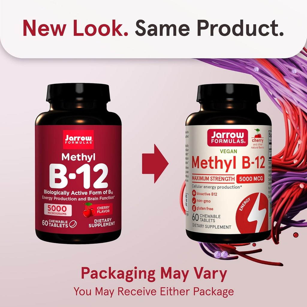 Jarrow Formulas Maximum Strength Methyl B-12 5000 mcg, Dietary Supplement for Cellular Energy Production and Brain Health Support, 60 Cherry-Flavored Chewable Tablets, 60 Day Supply, Pack of 12