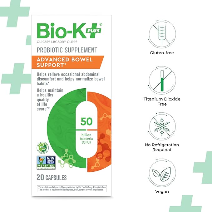 Bio-K+ Advanced Bowel Support Probiotic – 50 Billion CFU – Vegan, Gluten-Free, Non-GMO – Supports Digestive Health & Regularity – for Men & Women – 20 Capsules