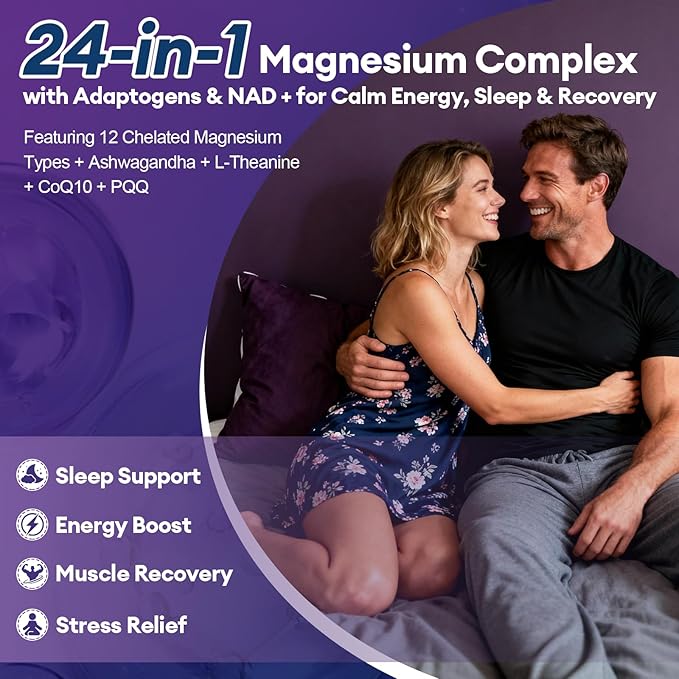 Magnesium Complex w/Magnesium Glycinate, Malate, Citrate | 24-in-1 Magnesium Supplement w/Ashwagandha, L-Theanine & NAD+ | Supports Calm, Energy, Muscle & Sleep | Non-GMO, 120 Vegan Caps