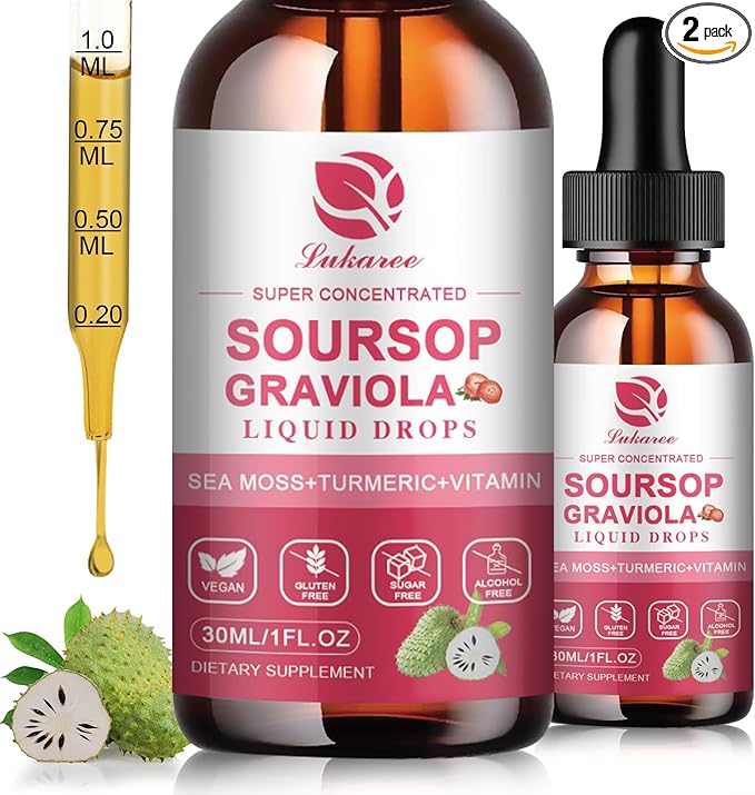 (2 Pack) Soursop Graviola Leaf Extract Liquid Drop Plus Pure Botanical Sea Moss for Cell Support & Regeneration, Immunity and Gut Health, Soursop Bitters Liquid丨Full Texture,Strawberry Flavor,1 Fl Oz