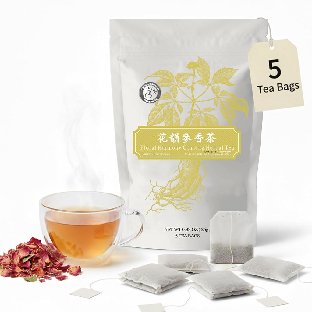 Herb Guru Floral Harmony Ginseng Herbal Blend with Rosa Rugosa and Chrysanthemum Flowers Natural Tea in Convenient Tea Bags | Herbal Infusion for Relaxation Wellness and Daily Balance