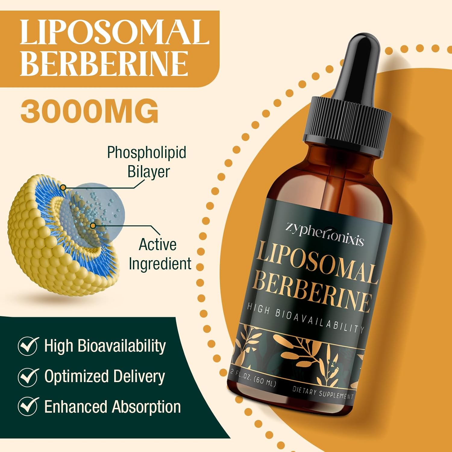 Liposomal Berberine HCL Supplement Liquid 3000mg - High Absorption Berberine Drops with Ceylon Cinnamon - 12-in-1 Formula AMPK Activator, Sugar Free - 2 fl oz