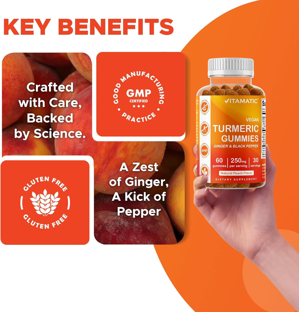 Vitamatic Turmeric Gummy with Ginger & Black Pepper Extract – 60 Vegan Gummies Each | 2 Pack (120 Gummies) 95% Curcuminoids – Powerful Antioxidant & Inflammatory Support