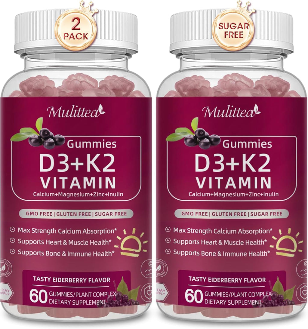 Vitamin D3 10000 IU + K2 (MK-7) 200mcg w/Calcium Magnesium Zinc Elderberry & Inulin-Highly Bioavailable-Enhanced Absorption for Immune & Bone Support- K2 D3 Vitamin Supplement-Vegan Gummies