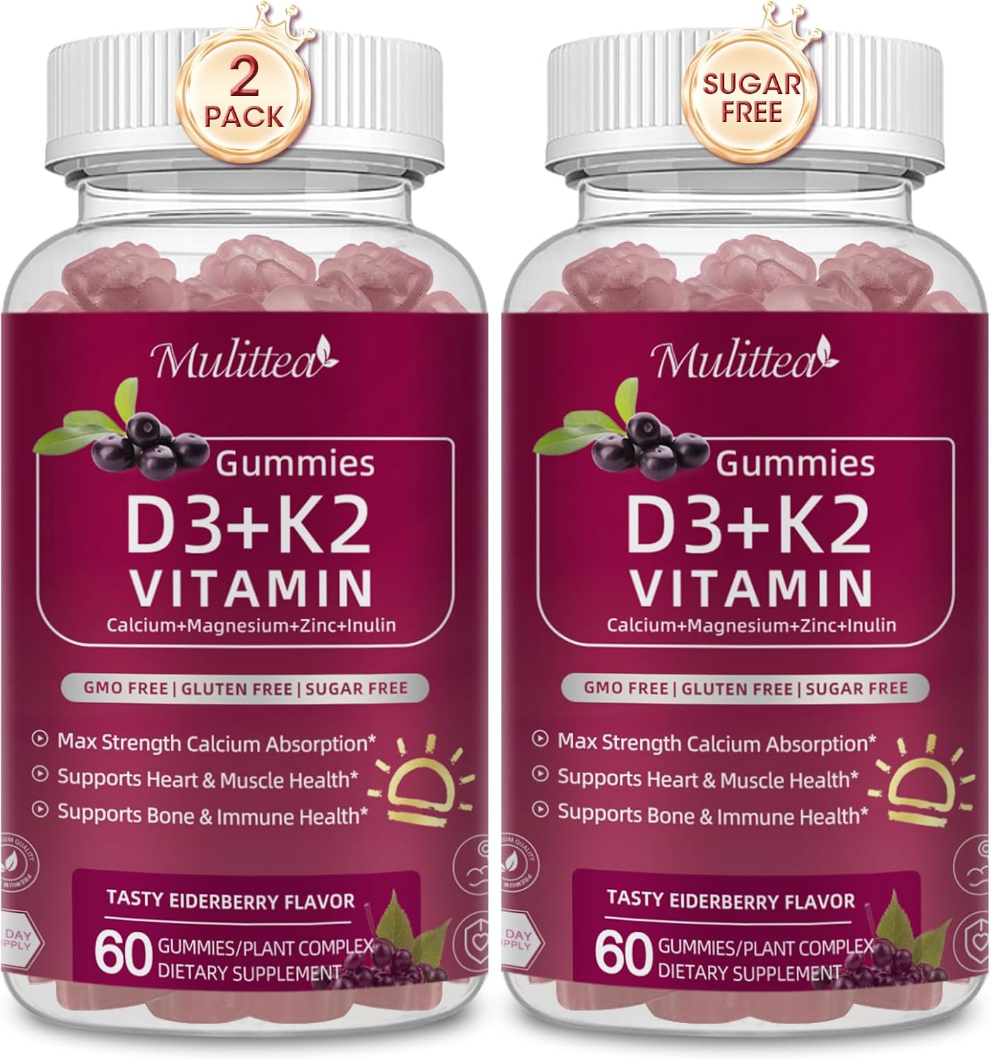 Vitamin D3 10000 IU + K2 (MK-7) 200mcg w/Calcium Magnesium Zinc Elderberry & Inulin-Highly Bioavailable-Enhanced Absorption for Immune & Bone Support- K2 D3 Vitamin Supplement-Vegan Gummies