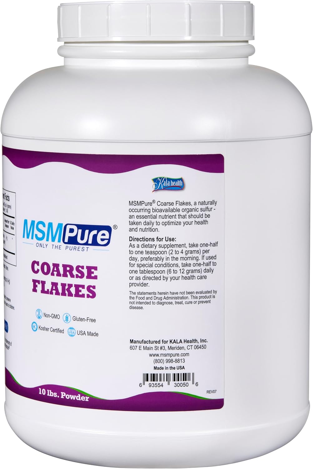 KALA HEALTH MSMPure Coarse MSM Powder Flakes – US-Made MSM for Joint Health, Skin Appearance, and Hair & Nail Support – 10 lb, Organic Sulfur