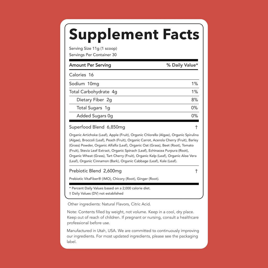 Clean Simple Eats Super Greens Powder, Naturally Flavored Greens Powder with Chlorella, Spirulina, Superfoods & Prebiotic Fiber, No Artificial Ingredients, Gluten Free, Peachy Greens Flavor, 30 Srvgs