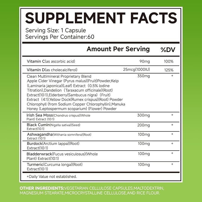 Sea Moss & Black Seed Oil Capsules with Burdock & Bladderwrack & Ashwagandha, Vitamin C&D,Natural Herbal Complex for Daily Balance, Energy & Digestive Support, Vegan, Non-GMO, 60 Capsules