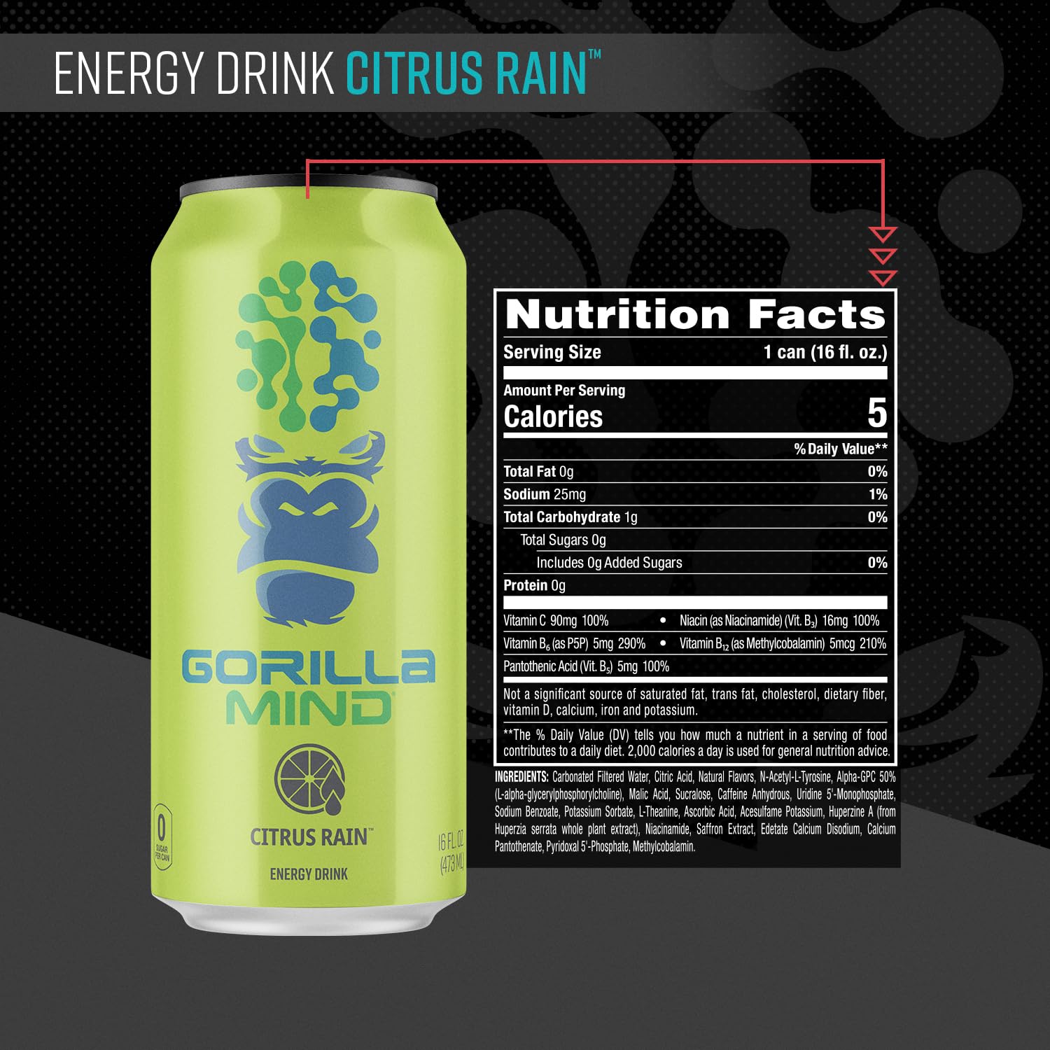 Gorilla Mind Energy Drink | Unmatched Energy · Amplified Focus | N-Acetyl-L-Tyrosine, Alpha-GPC, 200mg Caffeine, Uridine, Saffron | 0 Sugar Or Artificial Colors | 16oz, 12-Pack (Citrus Rain)