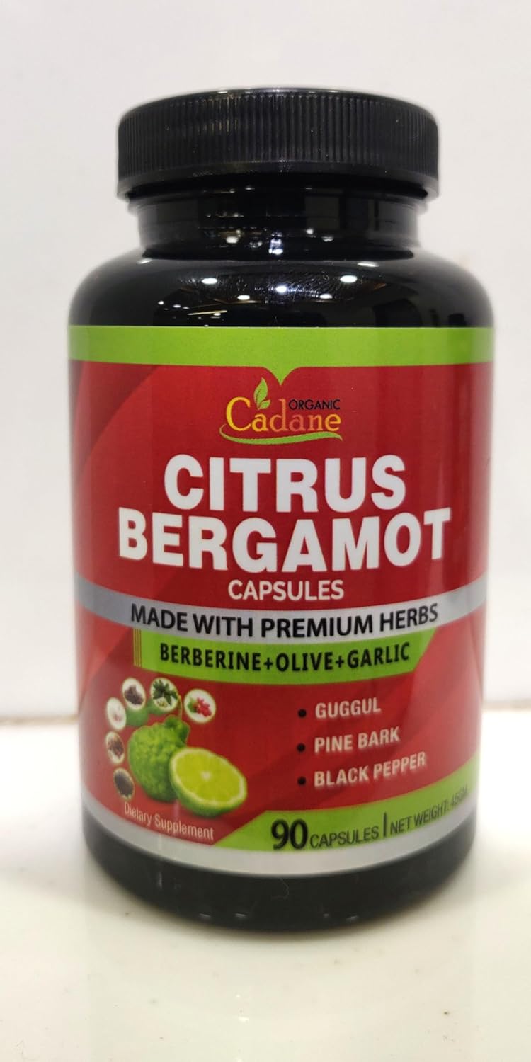 Organic Cadane Citrus Bergamot Supplement Extract Capsules, 90 Caps, 3 Months Supply & Berberine, Olive, Guggul, Garlic, Pine Bark, Black Pepper