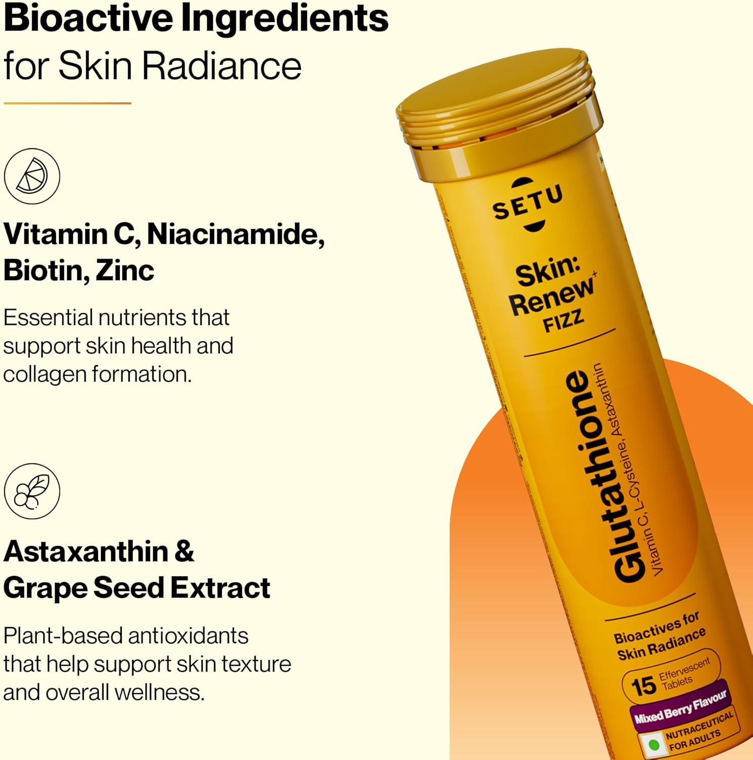 Glutathione Effervescent Tablets for Skin with 500mg L-Glutathione & Vitamin C | Sugar-Free Antioxidant Supplement for Clear, Glowing Complexion | Mixed Berry & Orange (Pack of 2) | 30 Tablets