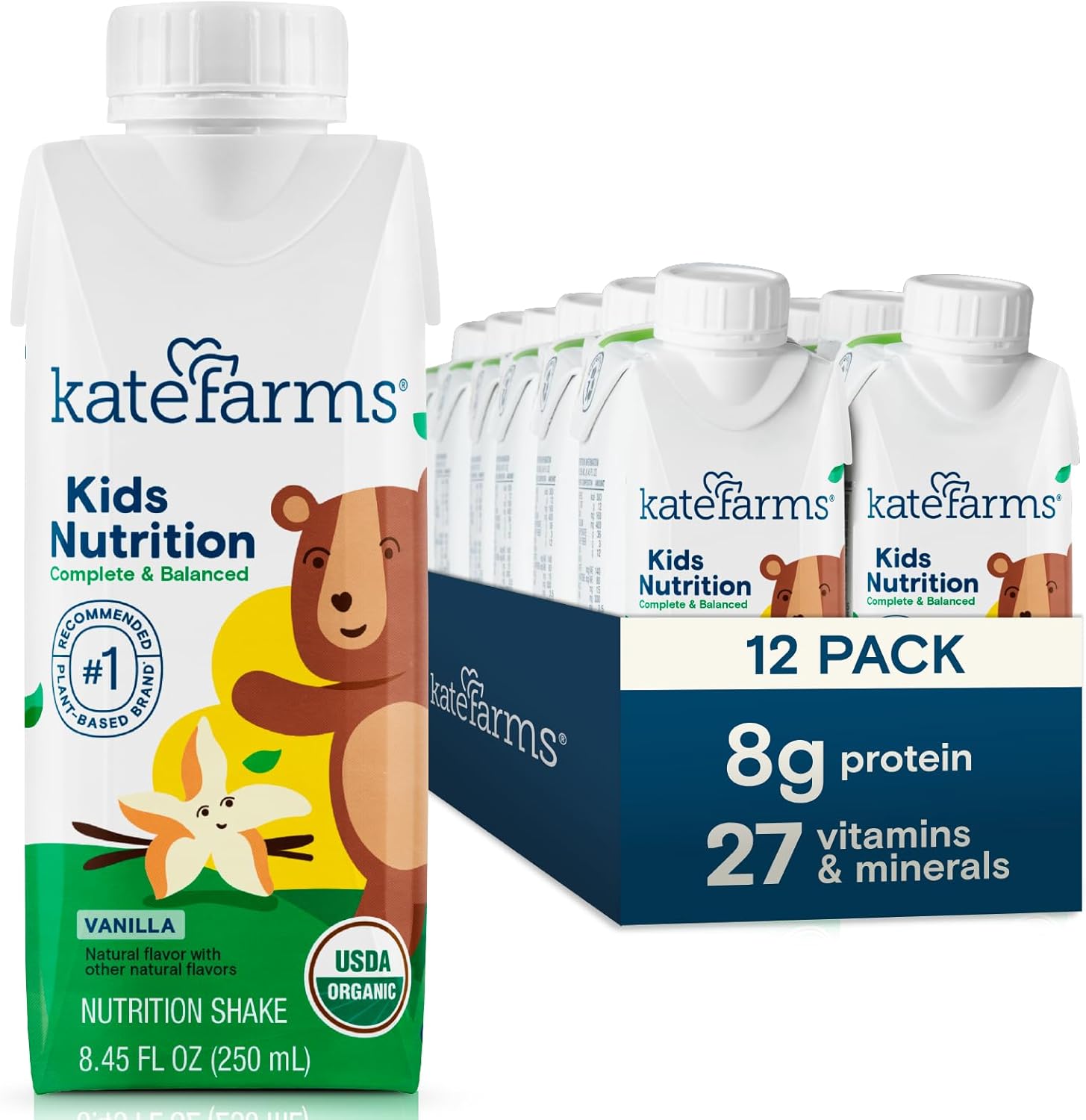 KATE FARMS Organic Kids Nutrition Vanilla Shake, 8g Protein, 27 Vitamins and Minerals, Meal Replacement, Gluten Free, Non-GMO, 8.45 oz (12 Pack)