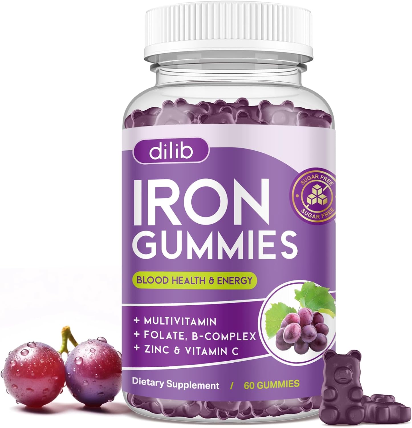 Iron Gummies with Multivitamin, Iron Supplement for Women & Men with Zinc, Vitamin B Complex & C, B12, Folate - Blood Builder & Energy Support for Adults & Kids - Grape Flavor, Vegan 60 Gummies