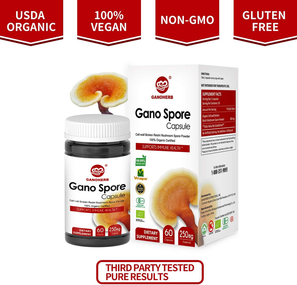Organic Reishi Mushroom Capsules with 100% Ganoderma Lucidum Reishi Spore Powder for Boost Immune System, Vegan, All Natural, Non-GMO & Gluten Free, 60 Veggie Capsules