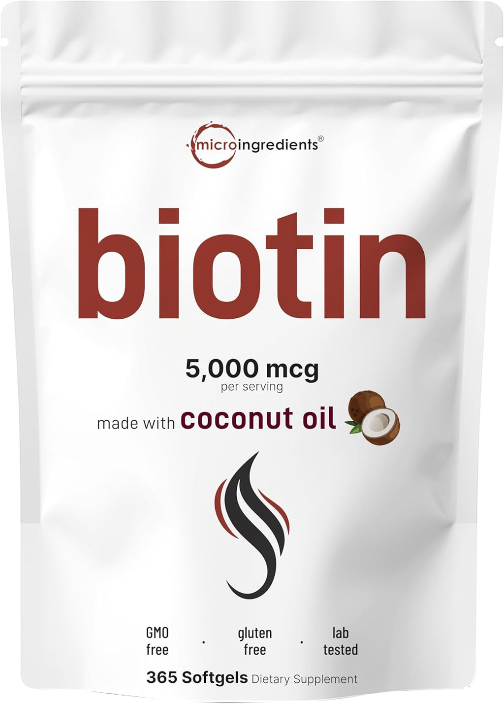 Micro Ingredients Biotin 5,000mcg | 365 Virgin Coconut Oil Softgels, Fast Release, One Year Supply | Supports Healthy Hair, Skin, & Nails | Non-GMO, No Gluten
