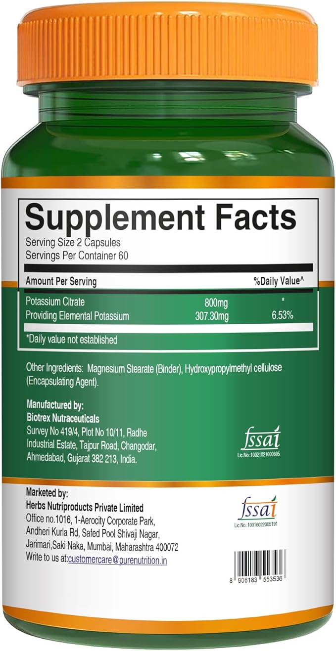 Pure Nutrition Potassium Citrate 800mg | 120 Caps | Support Electrolyte Balance | High Potency 800mg Potassium Citrate per Serving.