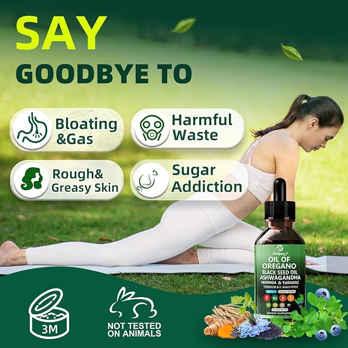 Oil of Oregano with Black Seed Oil | 8 in 1 Organic Oregano Oil Drops with Ashwagandha, Moringa & Turmeric | Natural Herbal Supplements for Immune Support & Stress Relief | Vegan Friendly, 2 Fl Oz