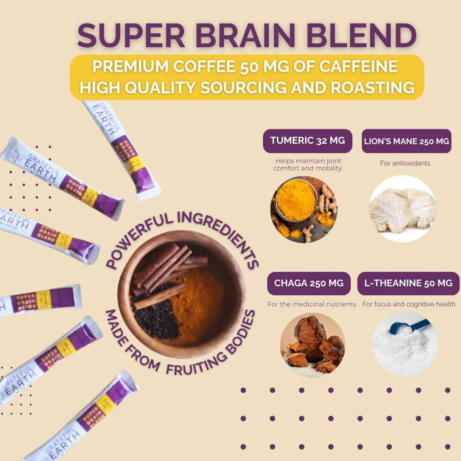 Grateful Earth Mushroom Coffee, Coconut Instant Coffee with Cinnamon, Turmeric, Lion’s Mane Mushrooms, L-Theanine, Chaga, Super Brain Blend, Energy & Immune Support, Dairy & Gluten Free, 2 Bags, 40 Ct