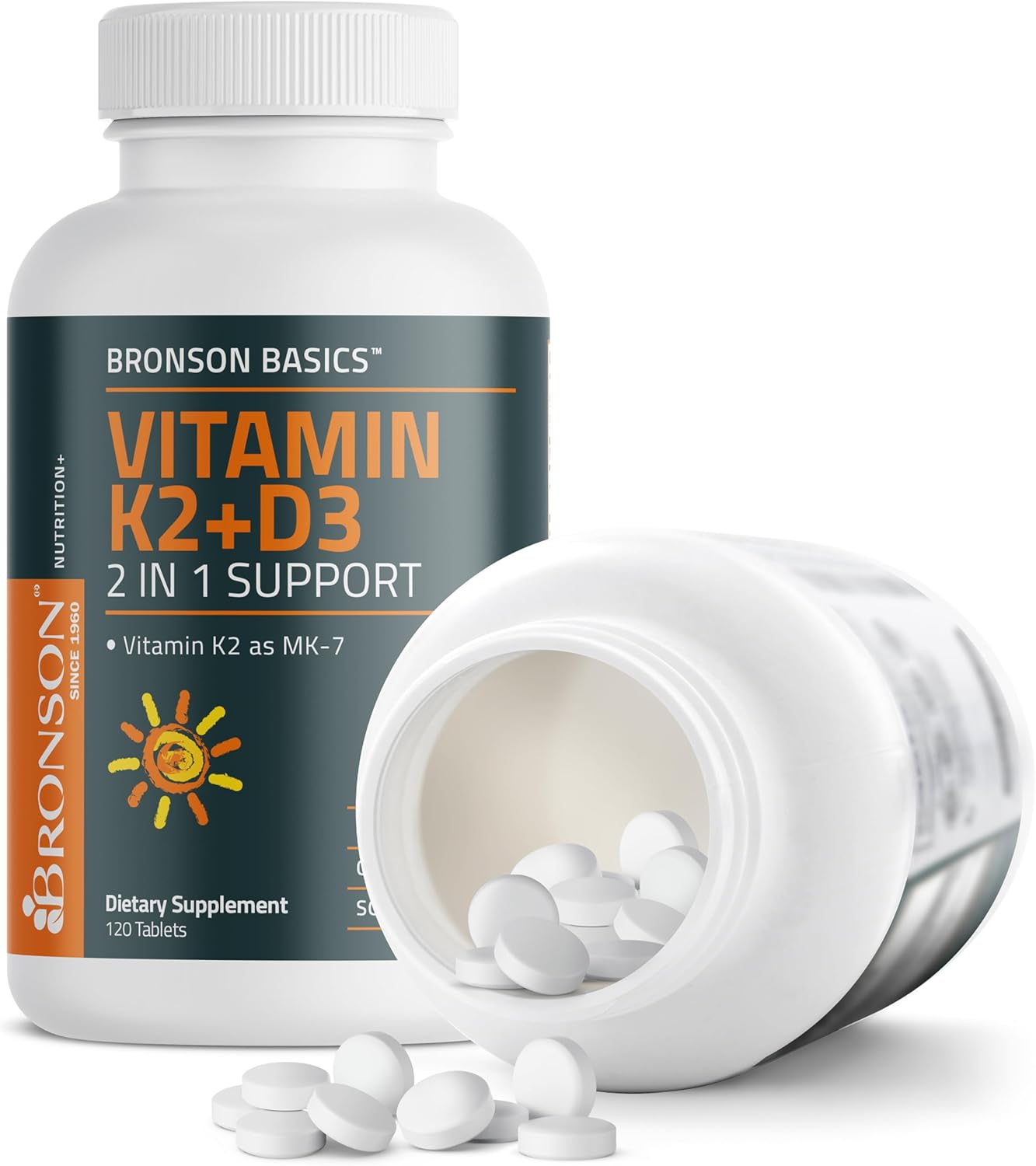 Bronson Vitamin K2 D3 (MK7) Supplement Non-GMO Formula Vitamin D3 5000IU (125 mcg) & 90 mcg K2 MK-7, Easy to Swallow D & K Complex, 120 Tablets