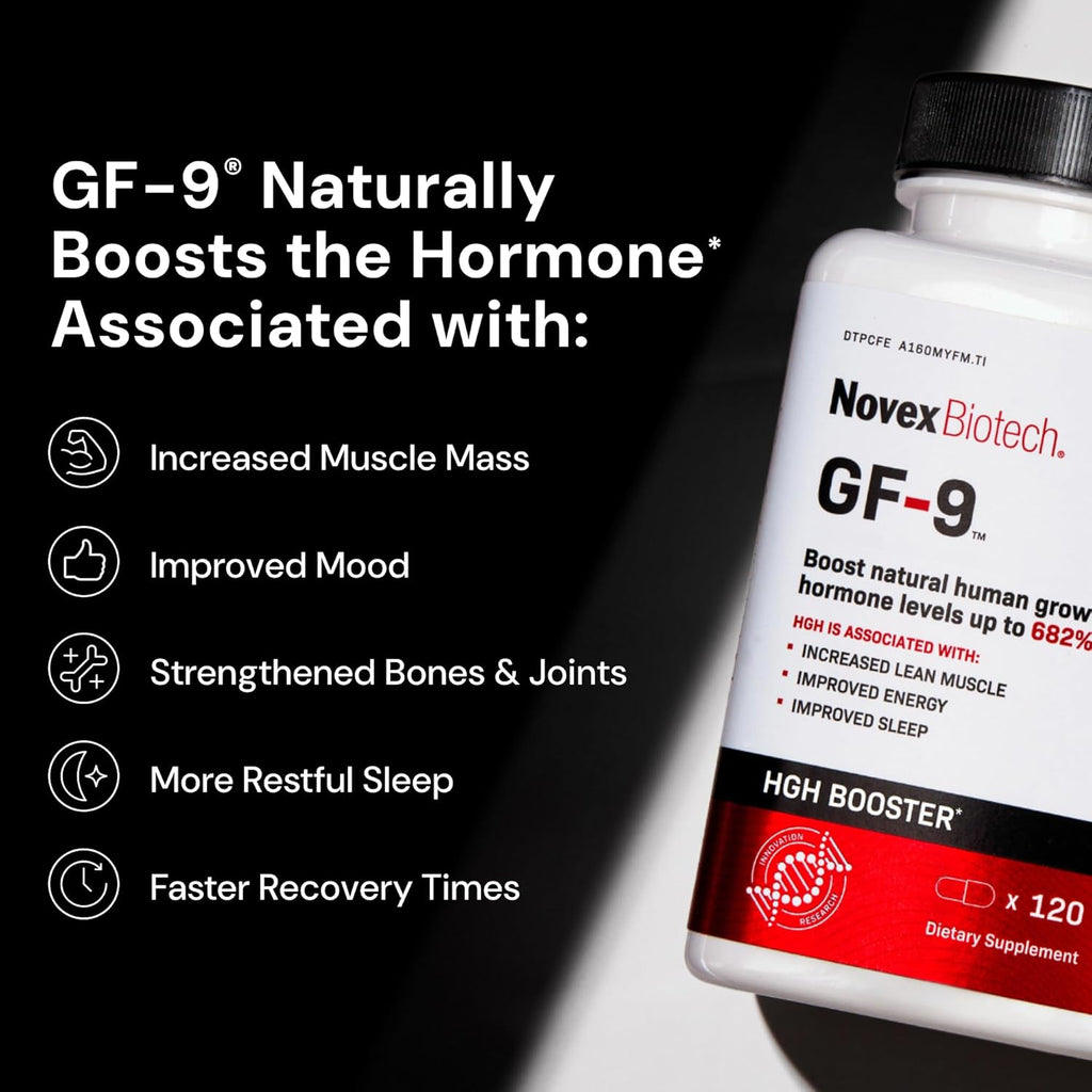 Novex Biotech GF-9 – HGH Boosting Supplement for Men – Workout Complex for Men – Support Energy, Endurance, Sleep, 120 Ct (30-Day Supply)