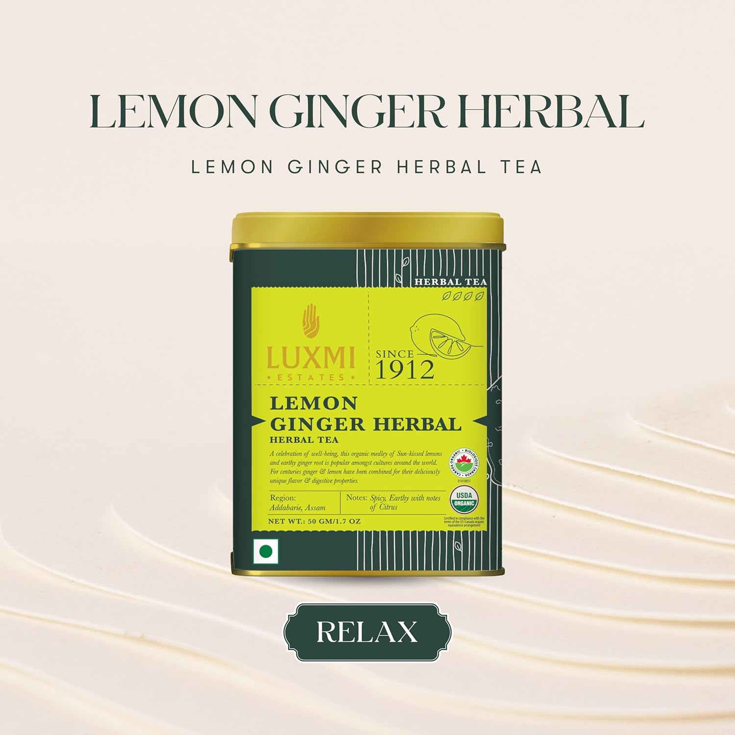 Luxmi Estates Lemon Ginger Root - 50gm Tin Loose Leaf | Certified Organic Herbal Tea | Citrus Flavor & Aroma | Lemon Peel, Ginger, Lemongrass, Licorice