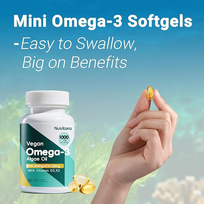 Vegan Omega 3 Softgels | 1000mg Algae Oil as Fish Oil Alternative | 300mg DHA + 150mg EPA | Omega 3 Supplements with Vitamin D3 & K2 for Brain, Eye, Skin& Immunity | 60 Count