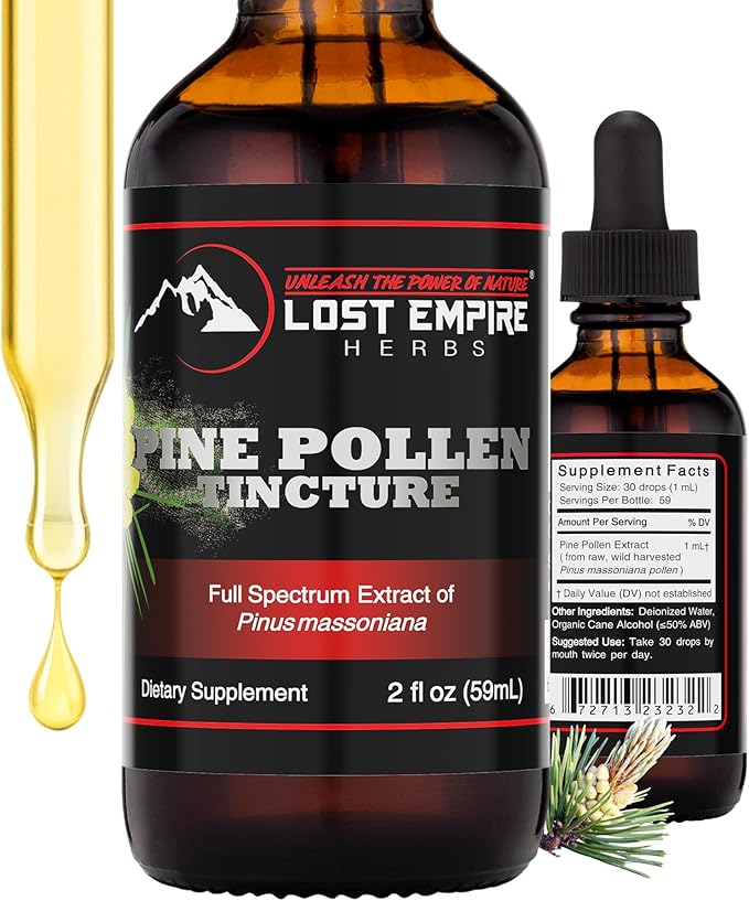 Lost Empire Herbs Pine Pollen Tincture Pine Pollen Liquid Extract for Testosterone - Alcohol Tincture is Superior for Better Absorption, 3rd Party Lab Tested (2 Ounce)