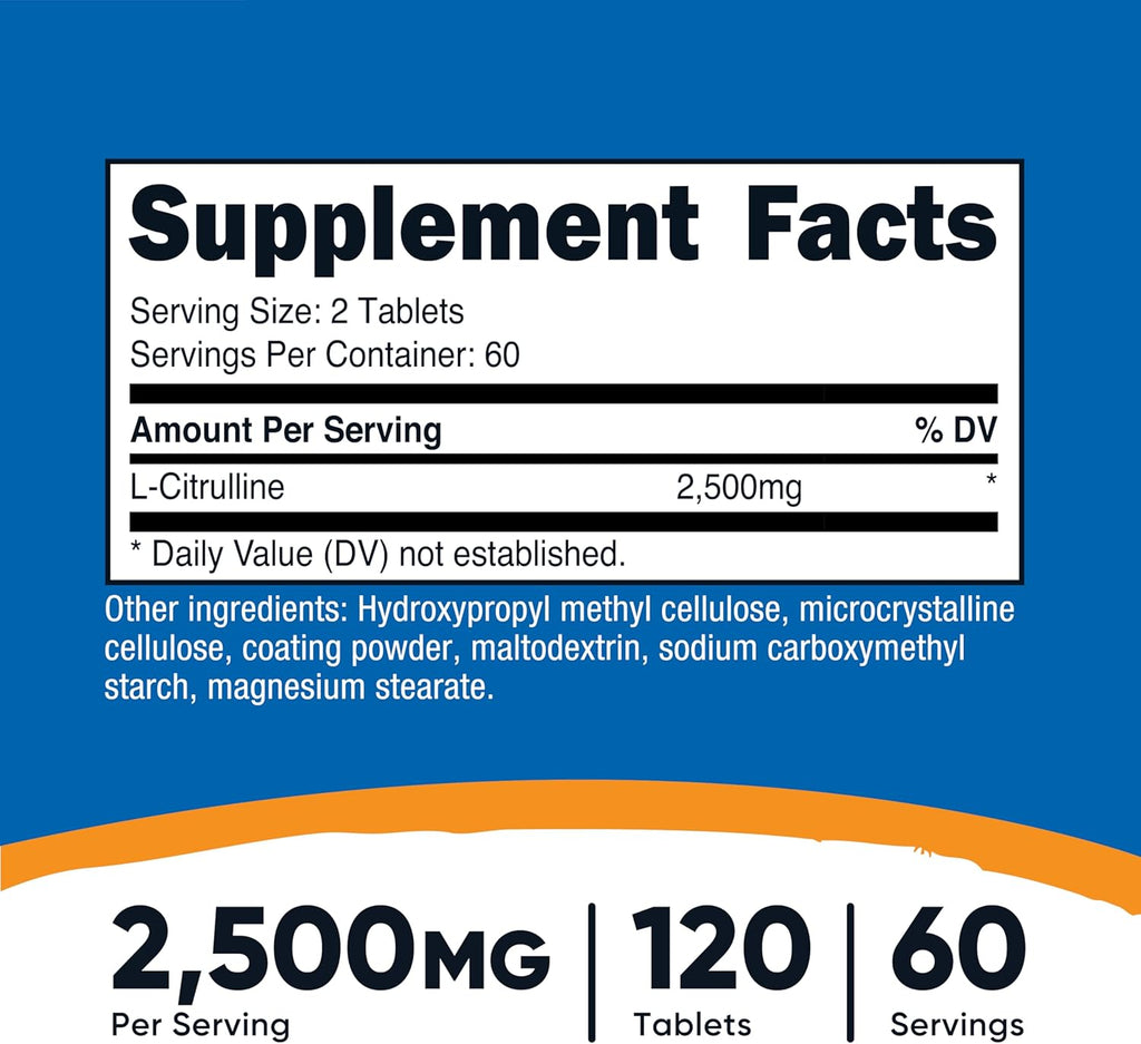 Nutricost L-Citrulline 2500mg Per Serving, 60 Servings, 1250mg Per Tablet, 120 Tabs - Non-GMO and Gluten Free Supplement