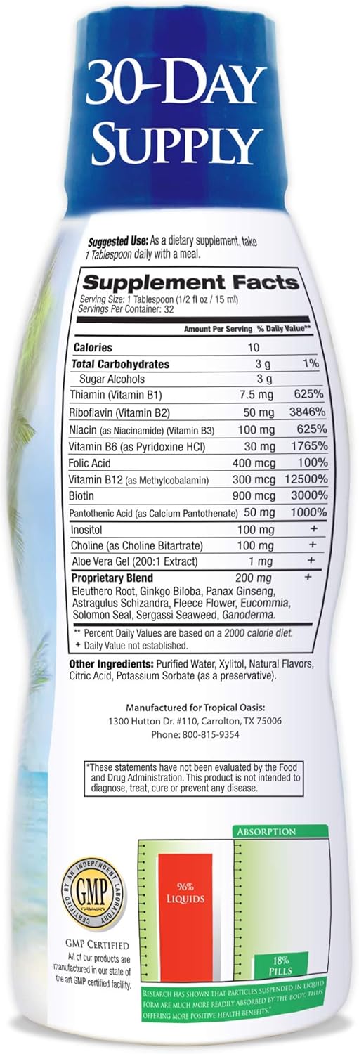 Premium Liquid B Complex Vitamin- Fast Absorbing Liquid B-Complex Supplement w/ all 8 B-vitamins, PLUS energizing herbal blend w/ Ginseng, Ginkgo, and Eleuthero Root - Vegan, NON-GMO - 16oz, 32 Serv
