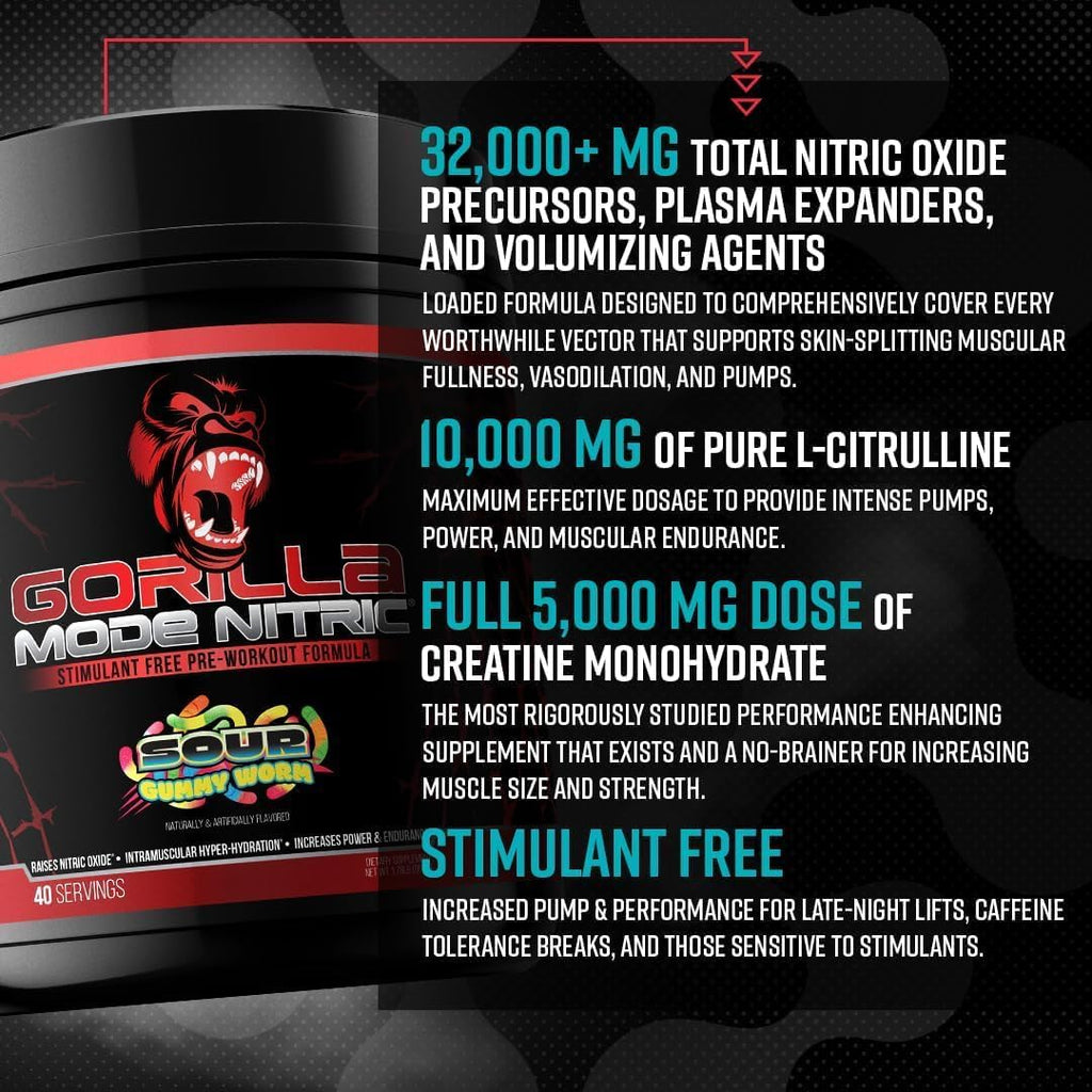 Gorilla Mode Nitric Upgraded Stimulant Free Pre-Workout – Best Tasting and Most Effective Stimulant Free Pre-Workout/Massive Pumps · Vasodilation · Power / 772 Grams (Orange Rush)
