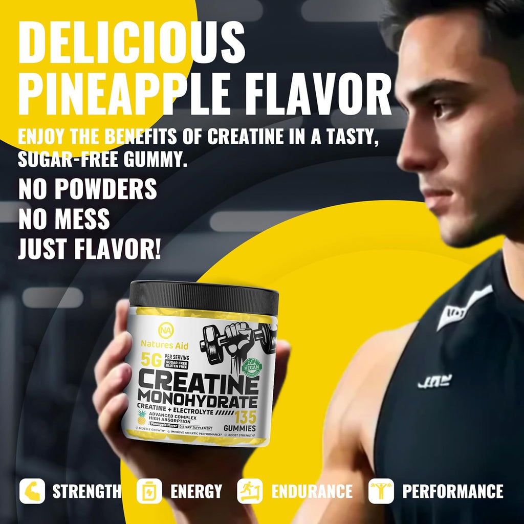 Creatine Monohydrate Gummies (5g) – Pre-Workout Energy & Muscle Growth Support for Men & Women | Pineapple Electrolyte Gummies (135 Count)