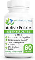 EcoIntegratives® Active Folate 5-MTHF – Methylated Folate 1000 mcg (1700 mcg DFE) – Bioavailable B9 for Mood, Methylation, Prenatal and Heart Health* – Vegan, Gluten-Free, Non-GMO – 60 Capsules