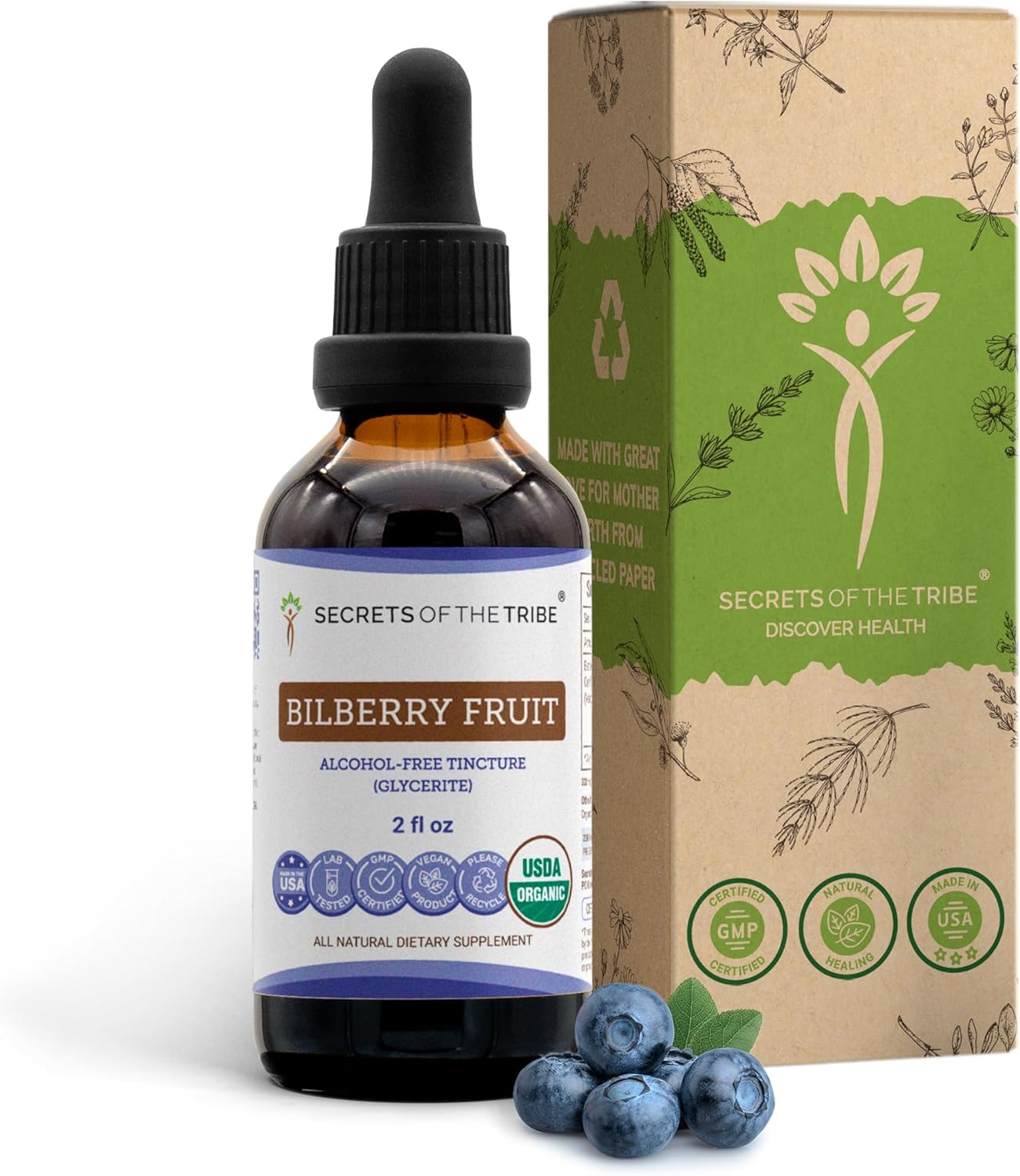 Secrets of the Tribe Bilberry Fruit USDA Organic | Alcohol-Free Extract, High-Potency Herbal Drops, Vision | Made from 100% Certified Organic Bilberry (Vaccinium Myrtillus) Dried Fruit 2 oz
