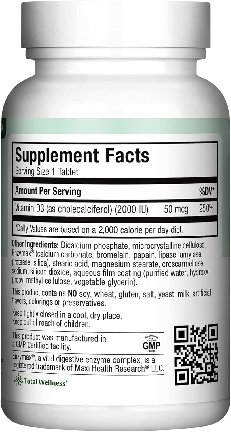 Maxi Health Vitamin D3 2000 IU - for Healthy Muscle Function, Bone Health and Immune Support – 180 Tablets – Best Kosher Supplement for Adults